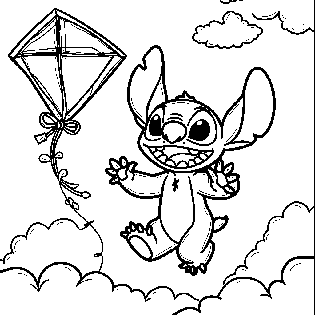 Stitch flying a kite high up in the sky