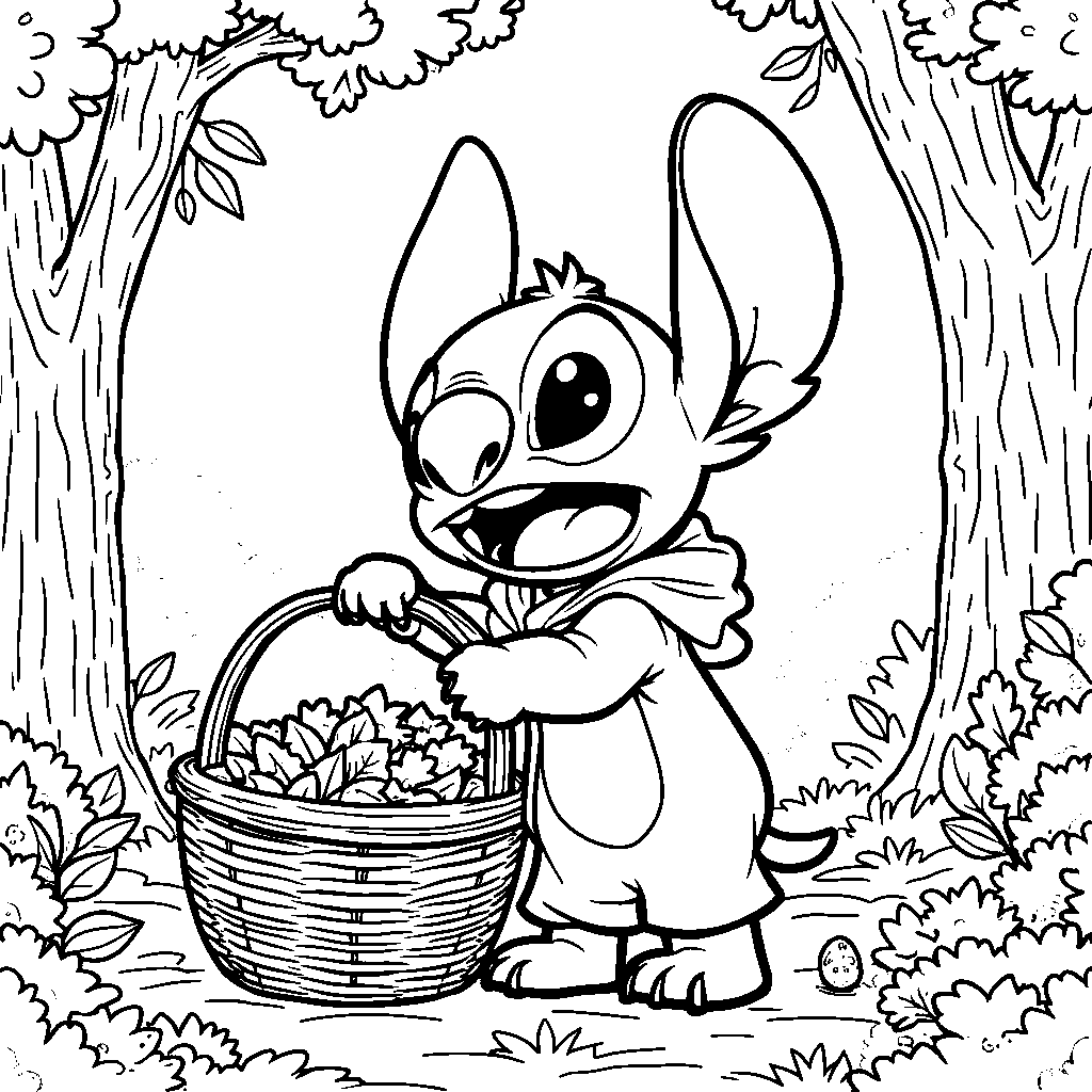 Stitch going on a nature walk and collecting leaves