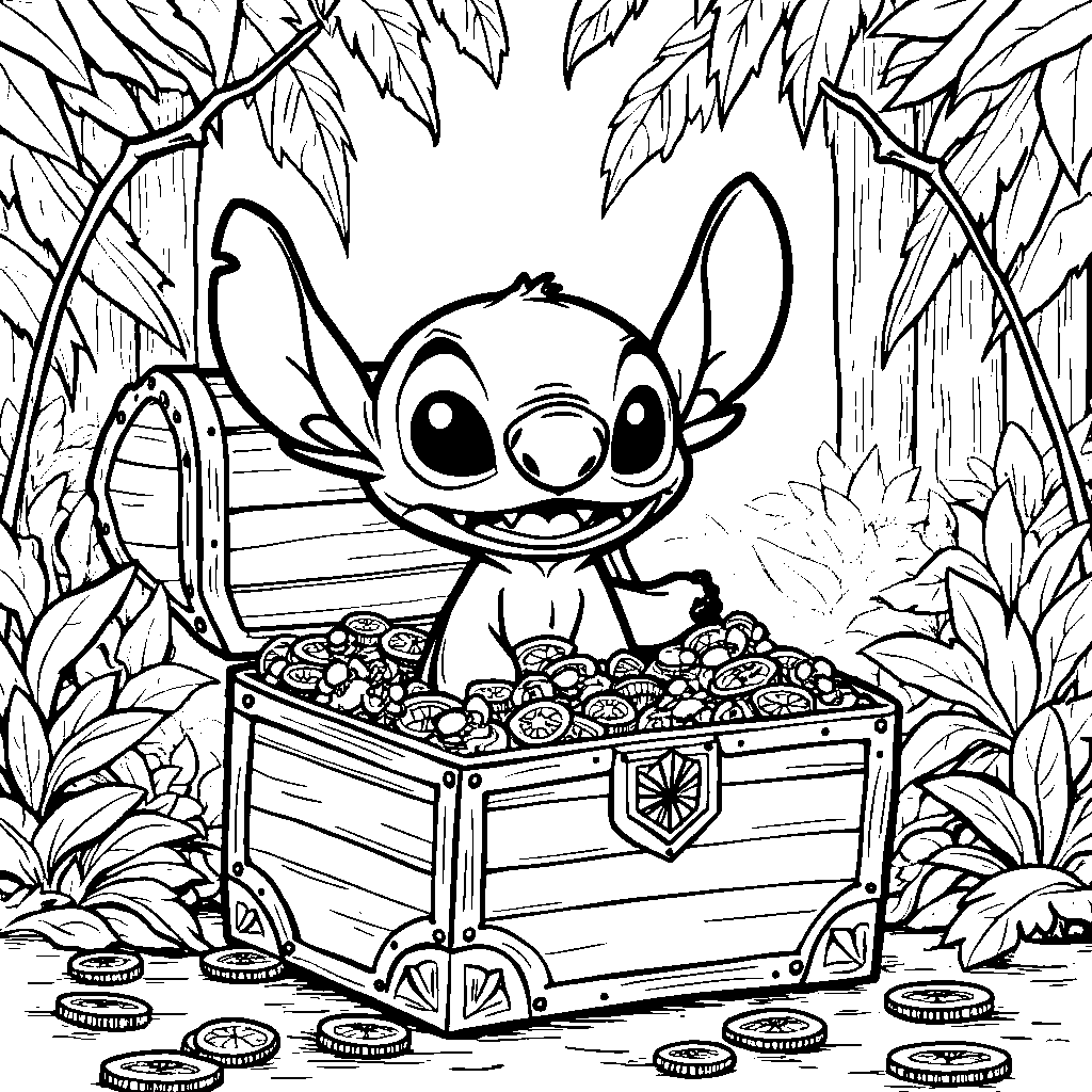 Stitch going on a treasure hunt through a jungle