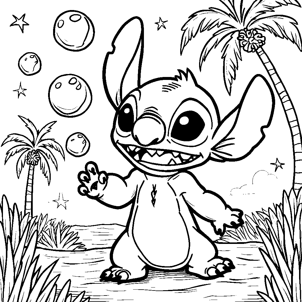 Stitch having a bubble party and popping bubbles