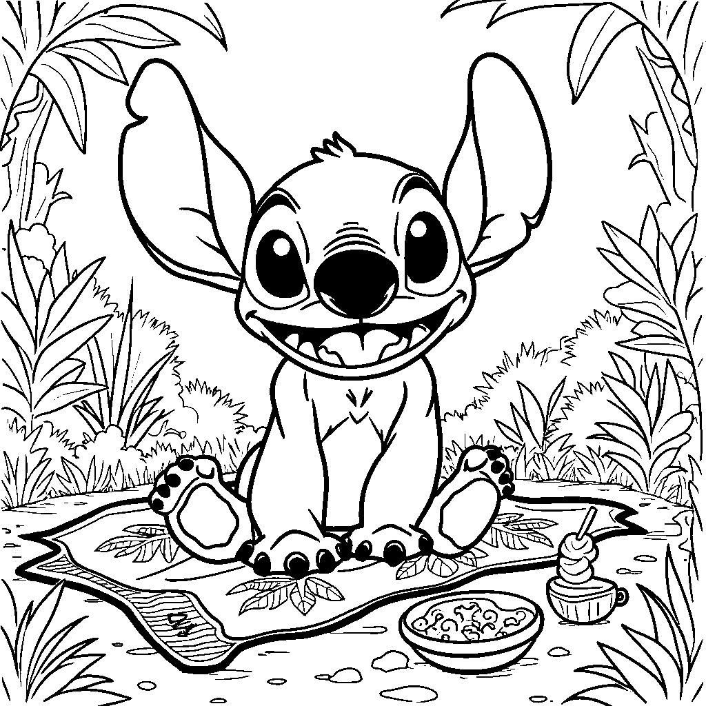 Stitch having a picnic with his favorite snacks