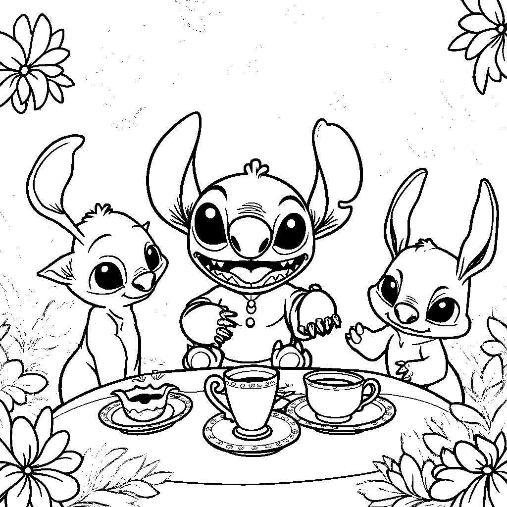 Stitch having a tea party with his alien friends