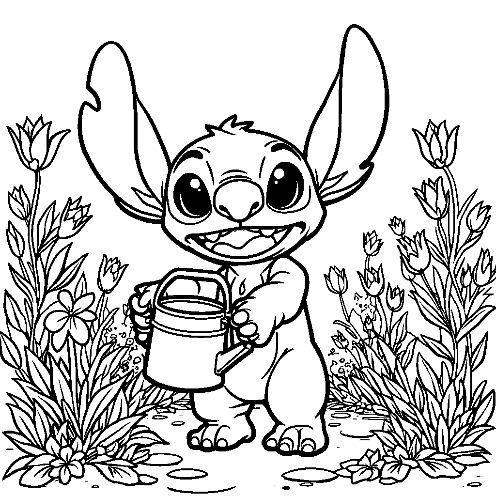 Stitch in a garden, watering plants and watching them grow