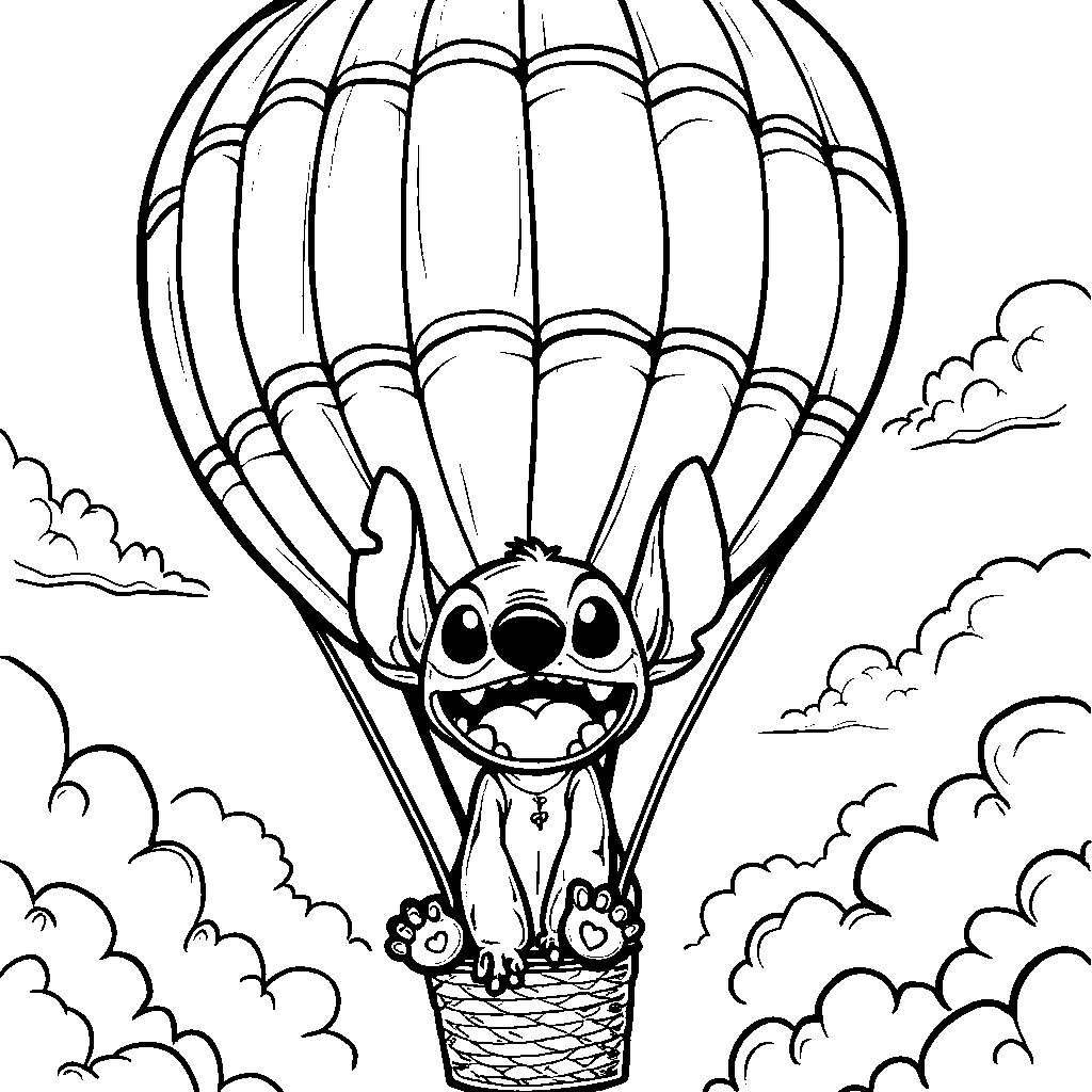 Stitch in a hot air balloon, soaring above the clouds