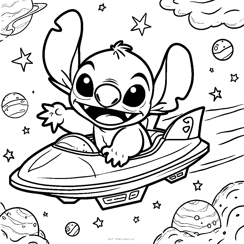 Stitch in a spaceship flying through the galaxy