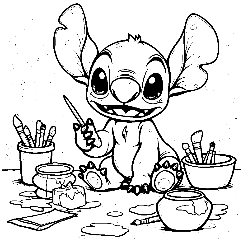 Stitch making a mess with paint and art supplies