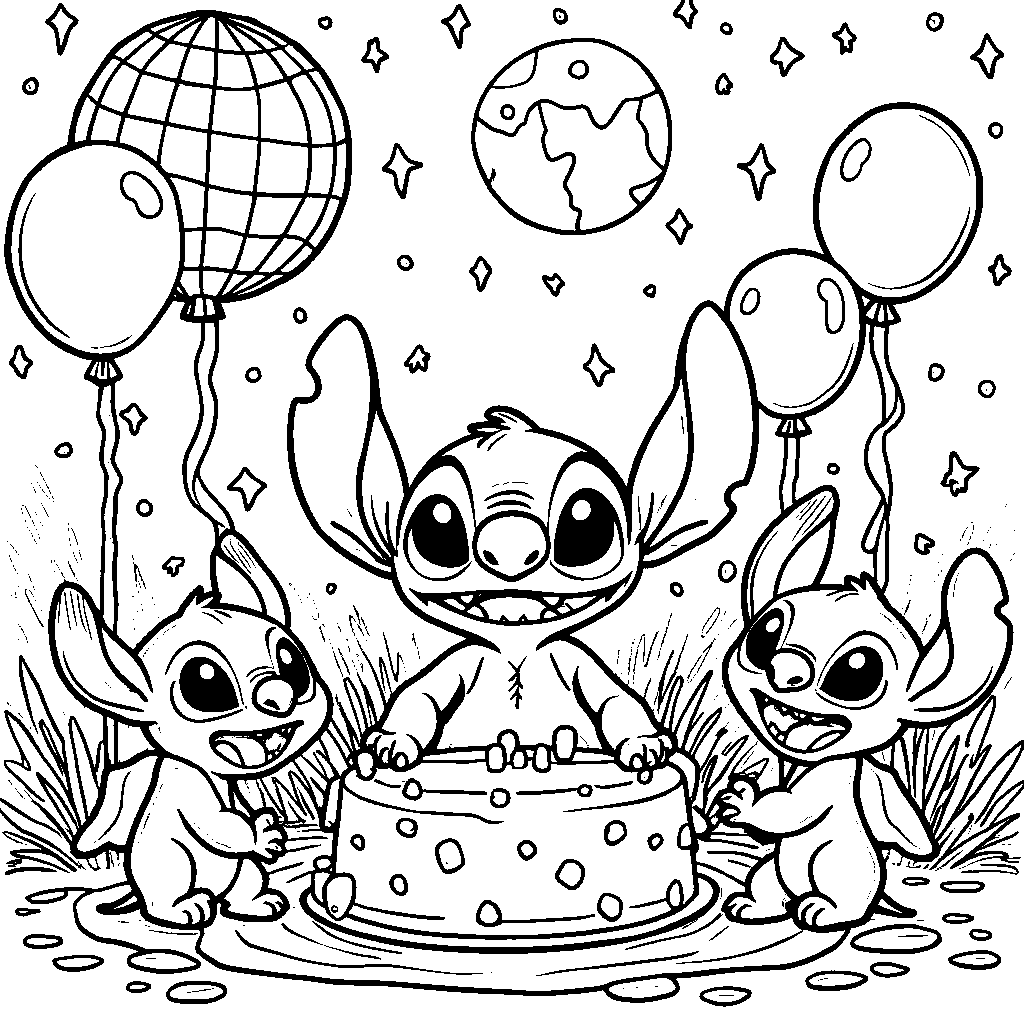 Stitch making new friends at an intergalactic party