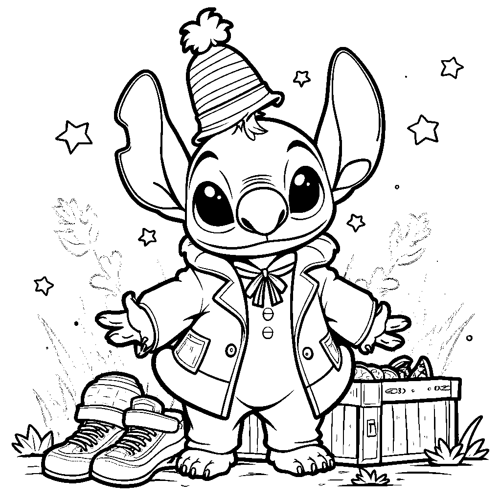 Stitch playing dress-up in a costume trunk