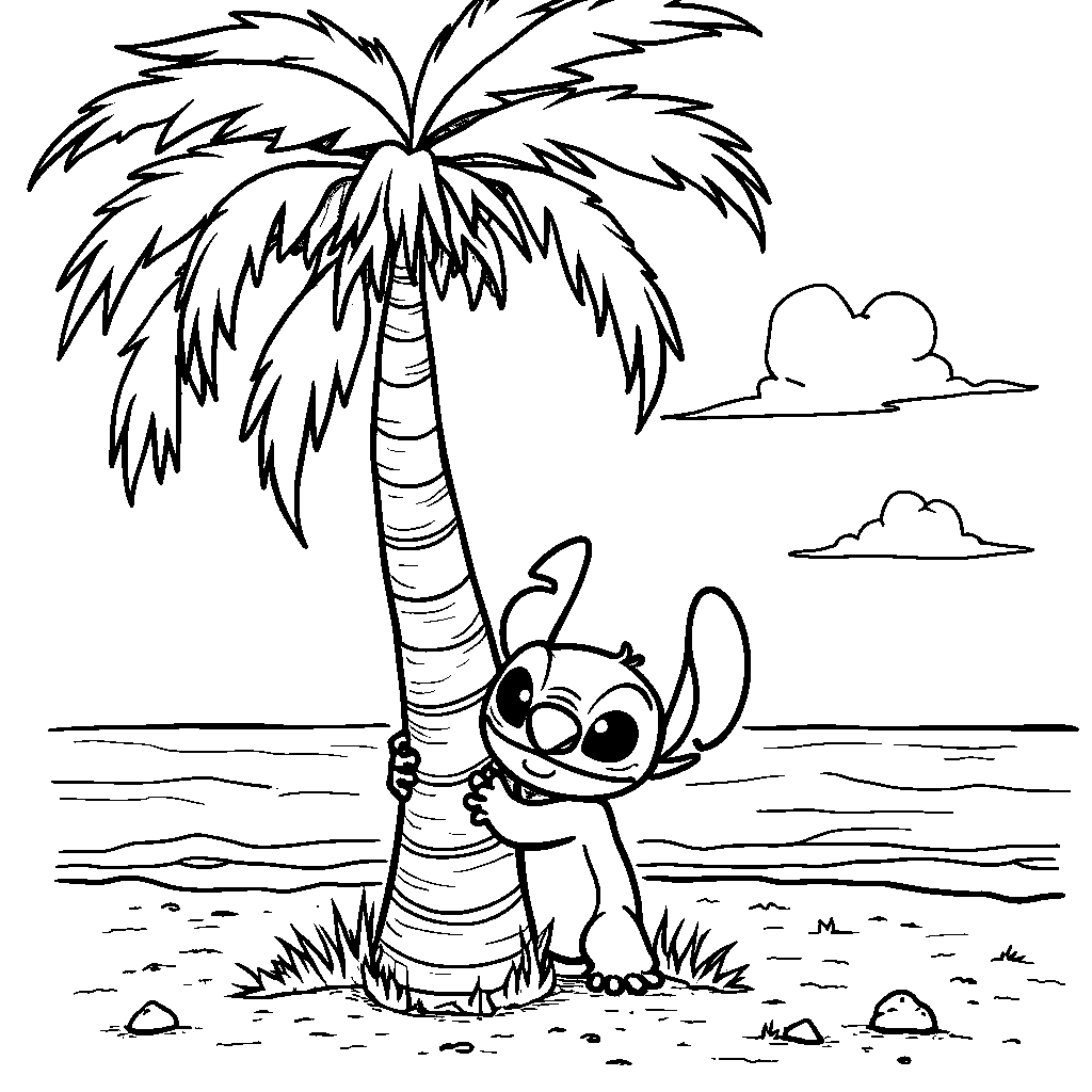 Stitch playing hide-and-seek behind a giant palm tree