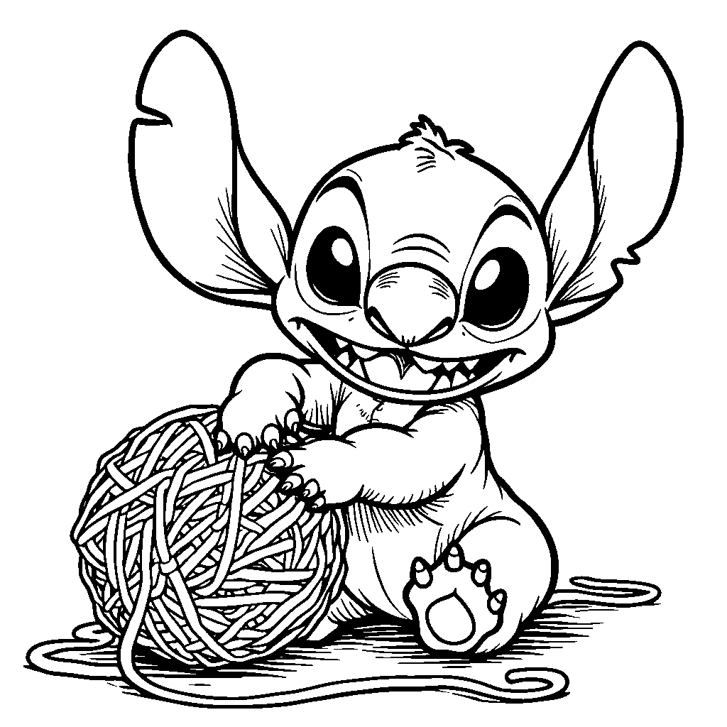 Stitch playing with a ball of yarn and tangled up