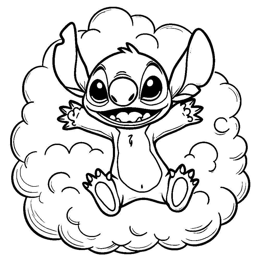 Stitch playing with a big, fluffy cloud