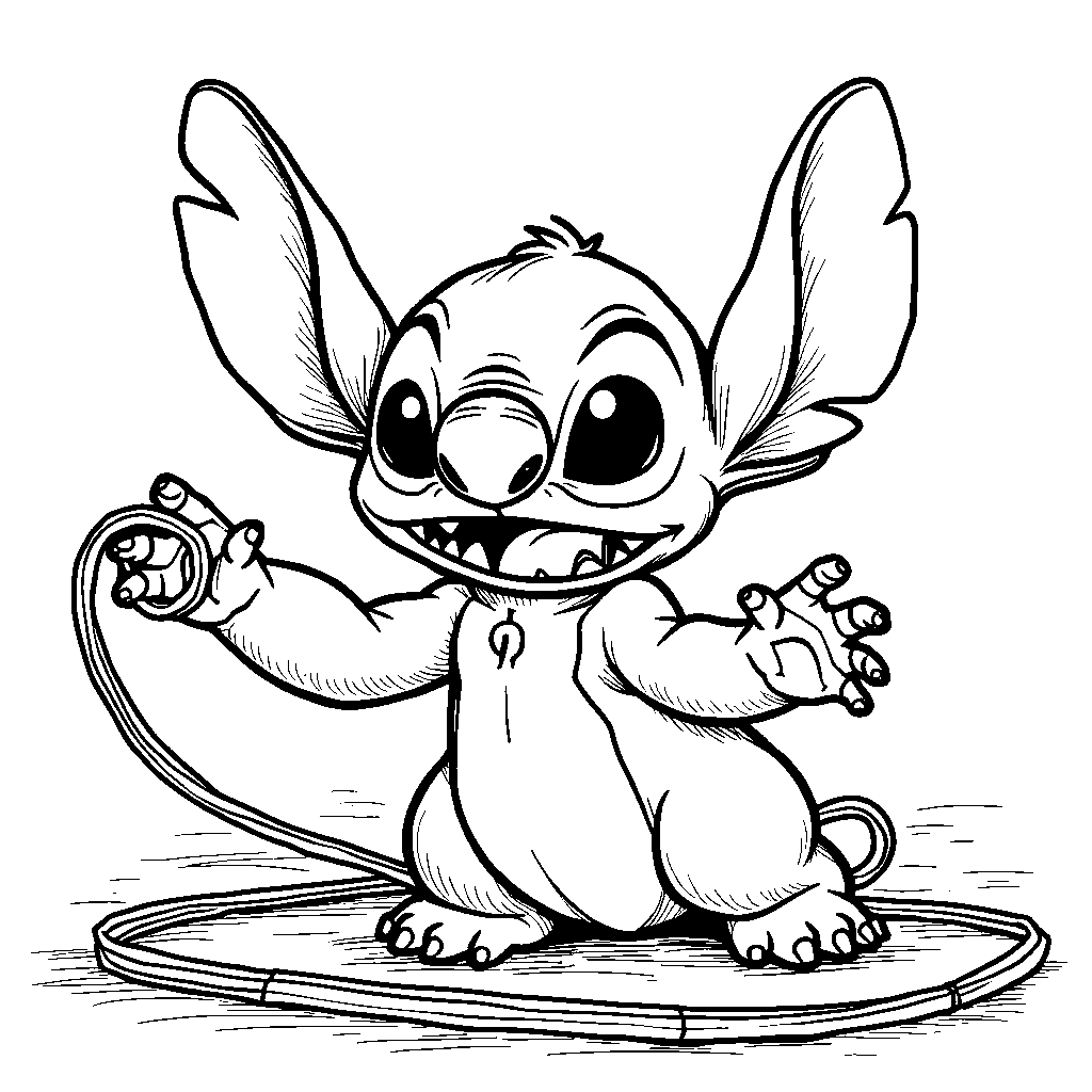 Stitch playing with a big, stretchy rubber band