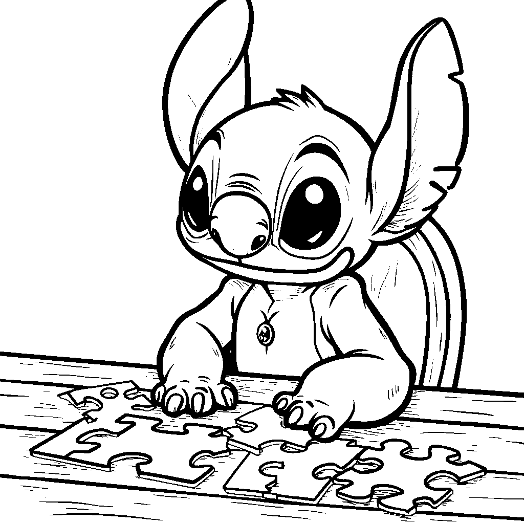 Stitch playing with a puzzle and trying to solve it