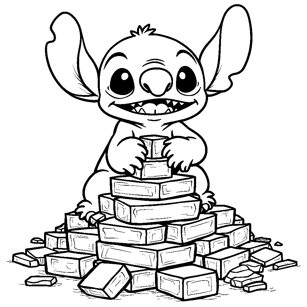 Stitch playing with a stack of colorful blocks