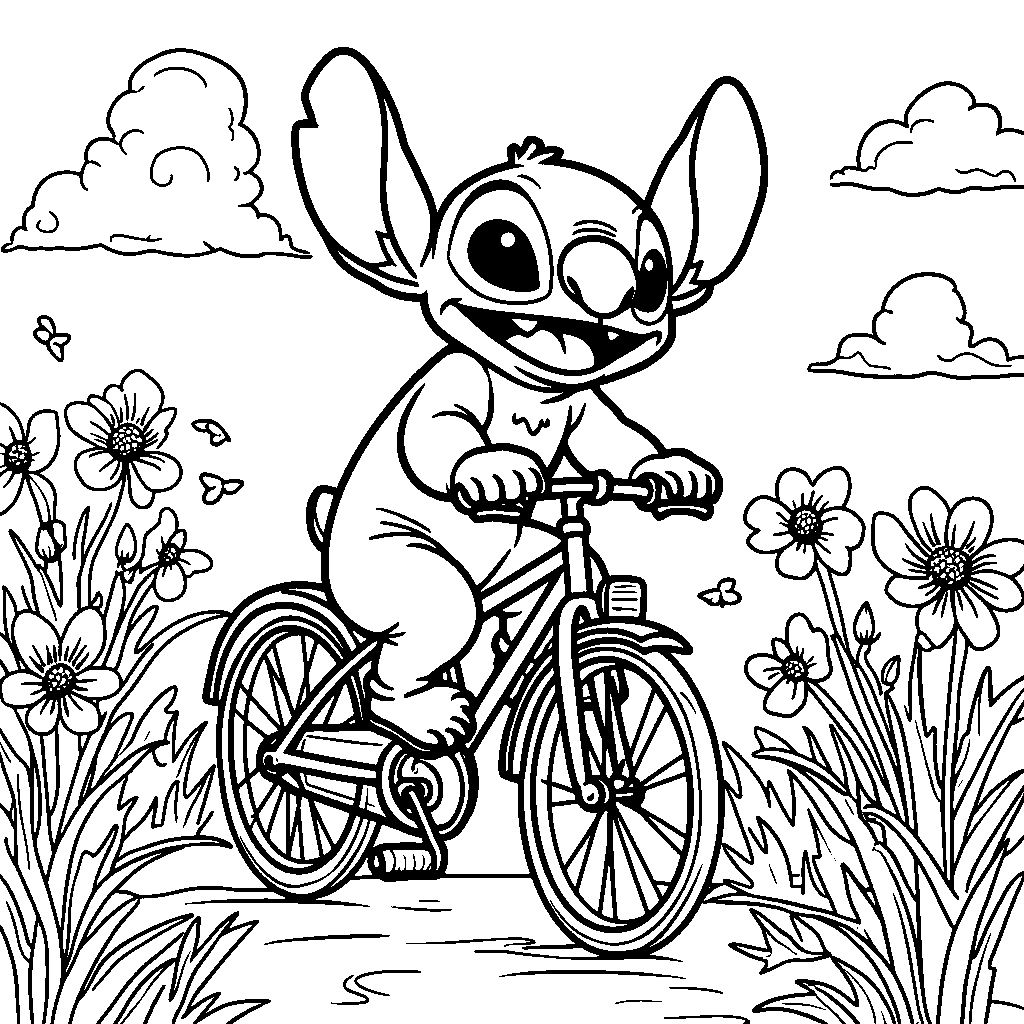 Stitch riding a bicycle through a field of flowers