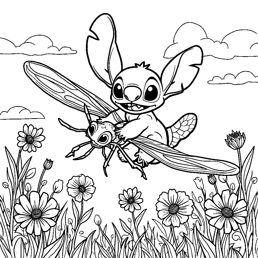 Stitch riding a dragonfly through a sunny meadow