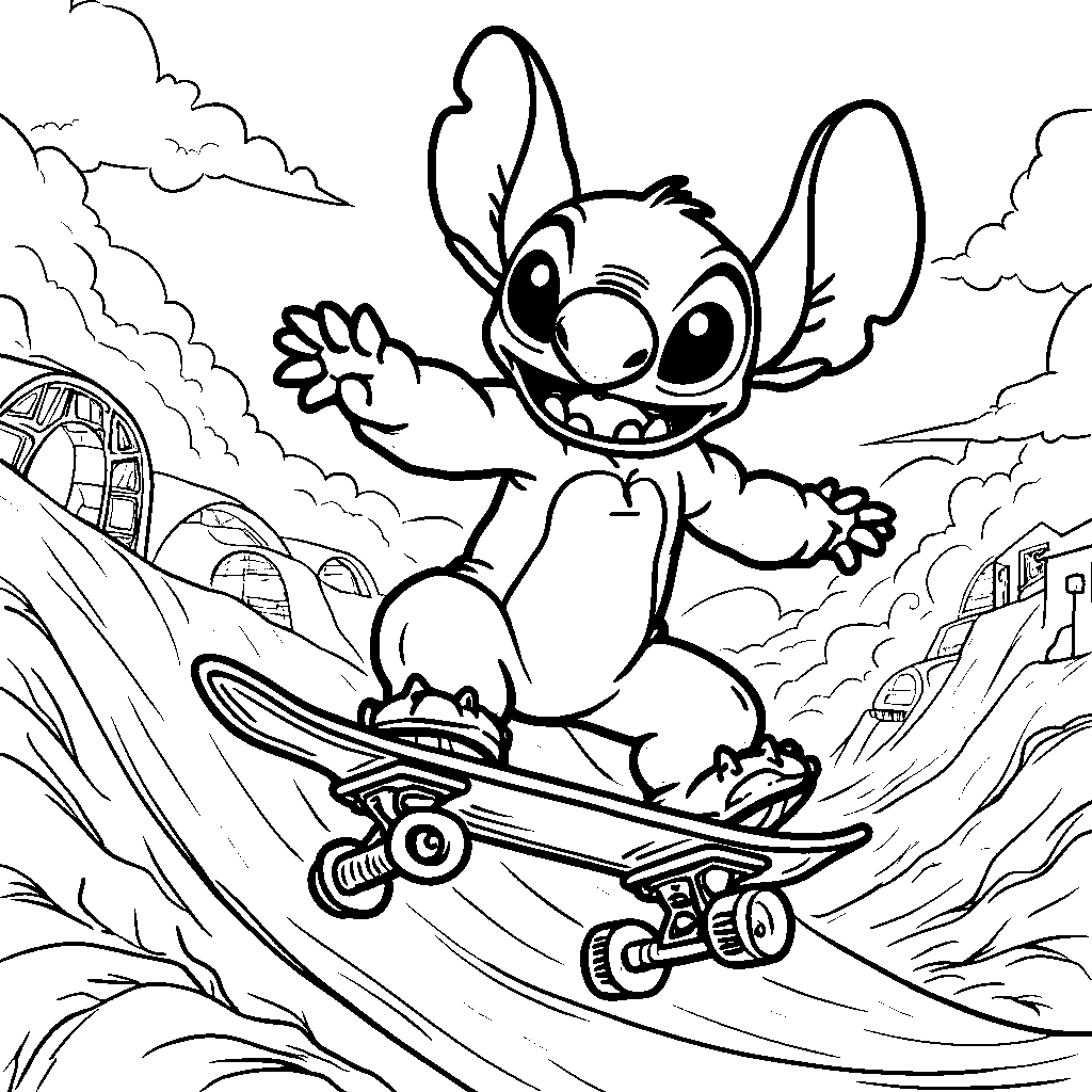 Stitch riding a skateboard through a fun obstacle course