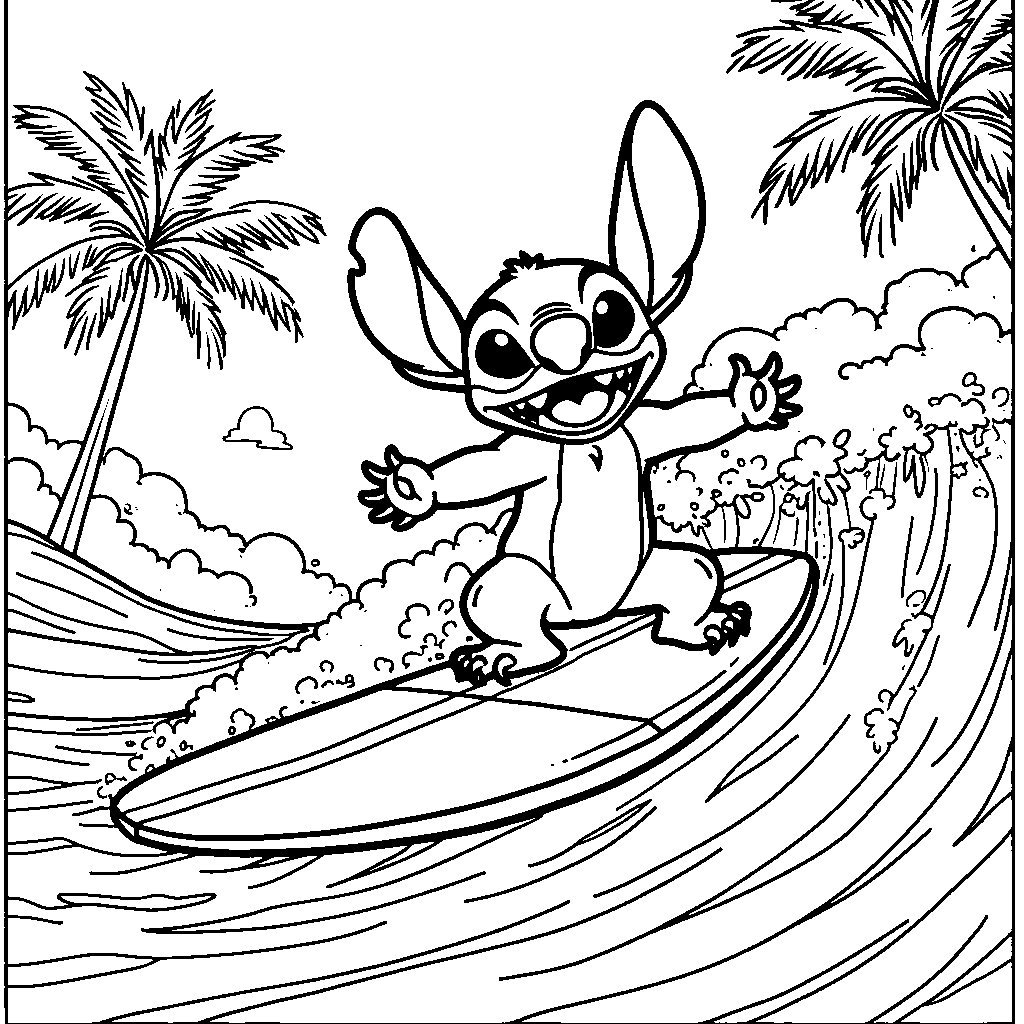 Stitch riding a surfboard on a Hawaiian wave