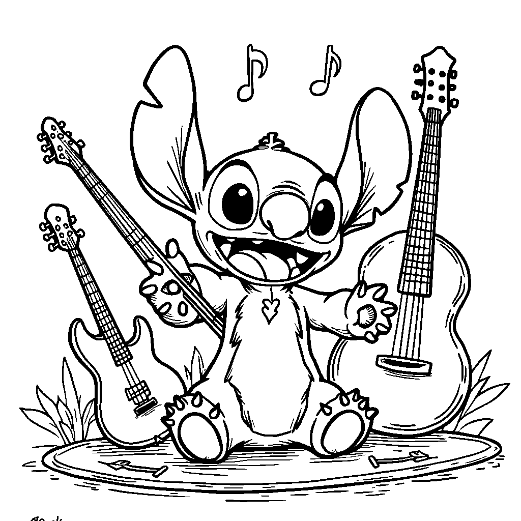 Stitch surrounded by musical instruments and making music