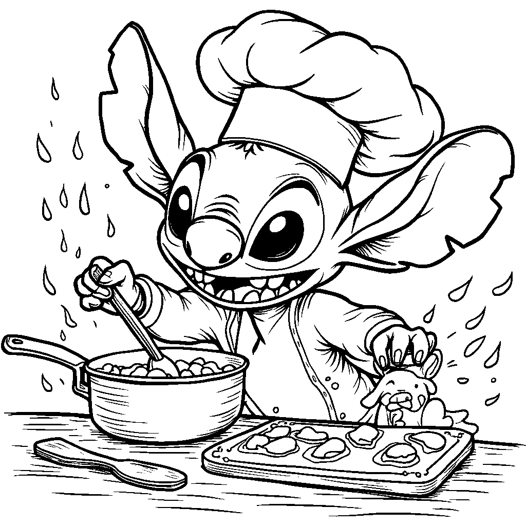 Stitch wearing a chef's hat and cooking up a storm