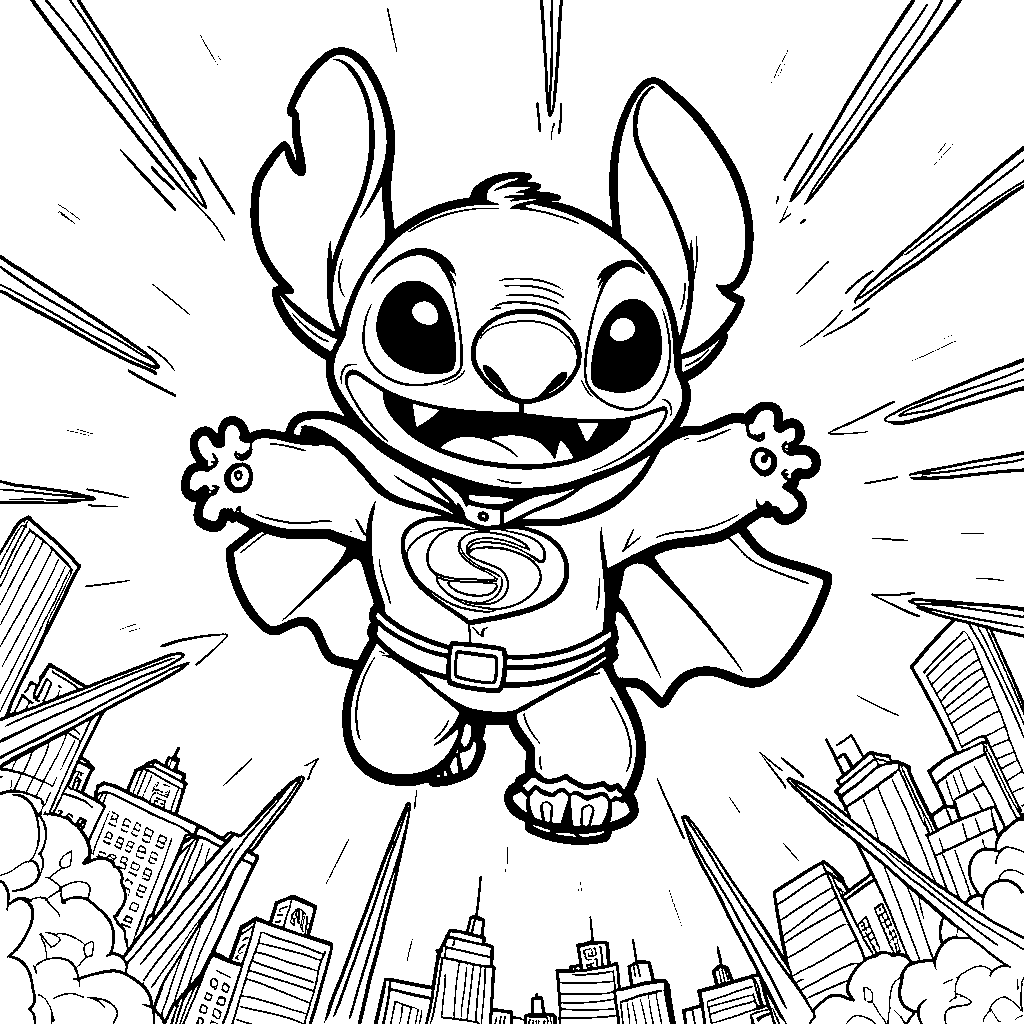 Stitch wearing a superhero cape and saving the day