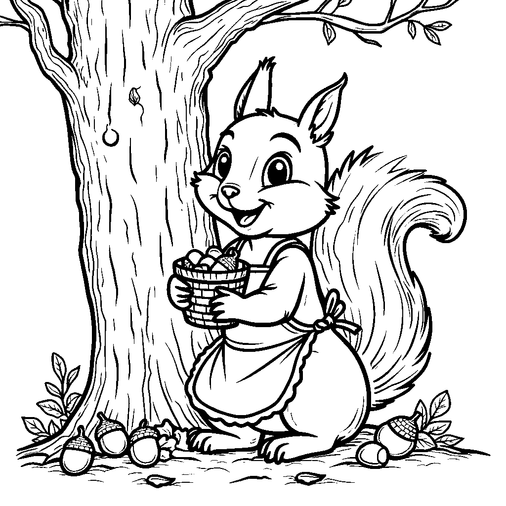 A cartoon squirrel storing acorns for winter