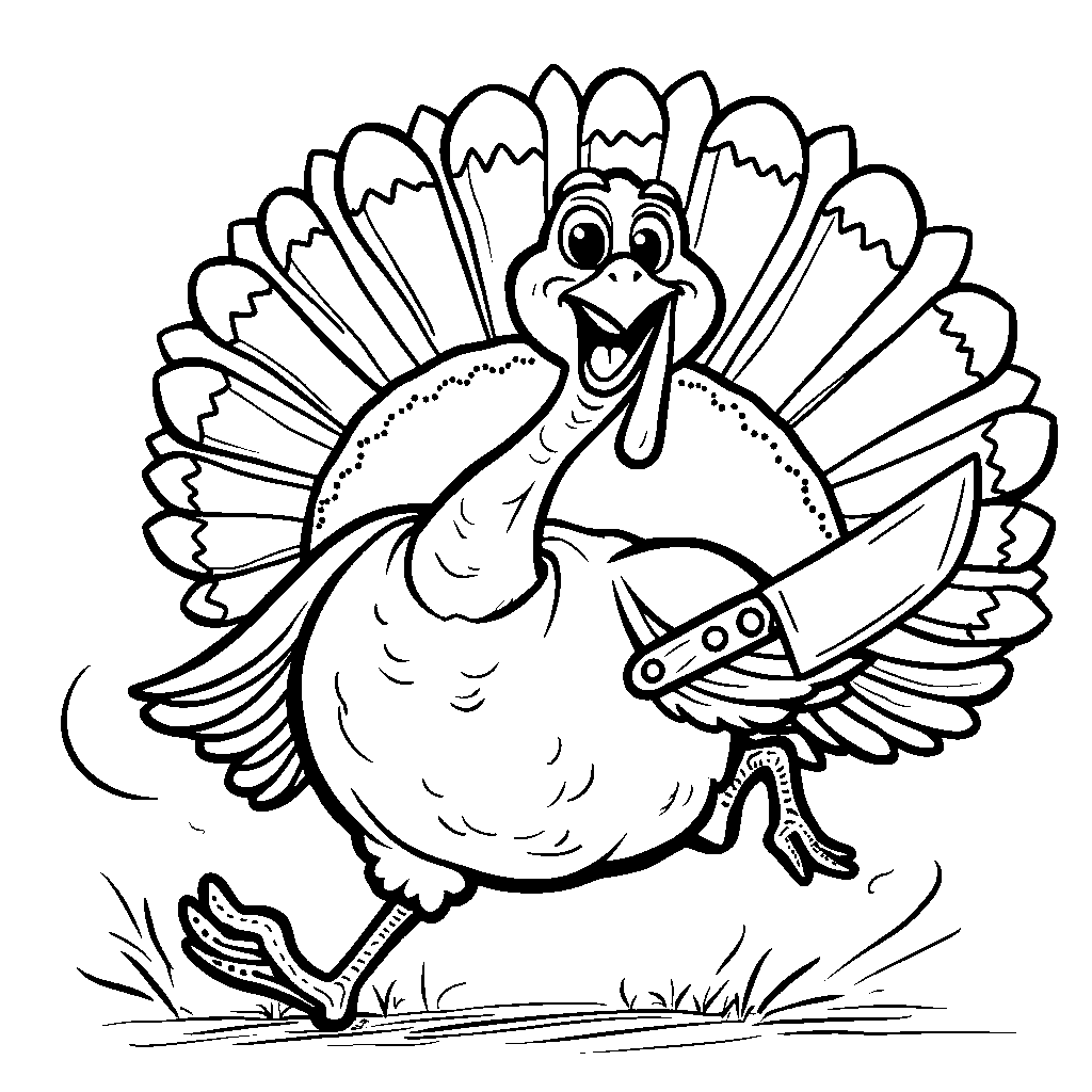 A cartoon turkey running away from a chef's knife