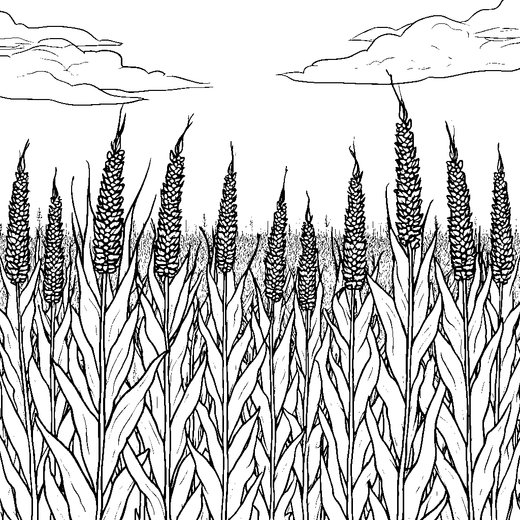 A cornfield with tall stalks and a bright blue sky