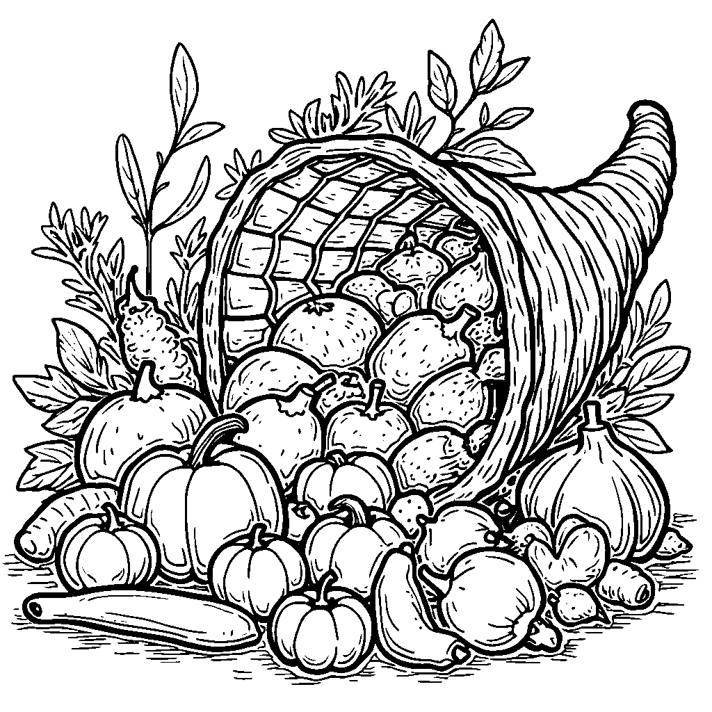 A cornucopia overflowing with fruits and vegetables