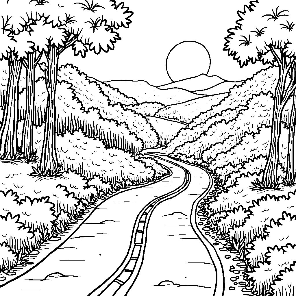 A fall landscape with a winding road and changing leaves