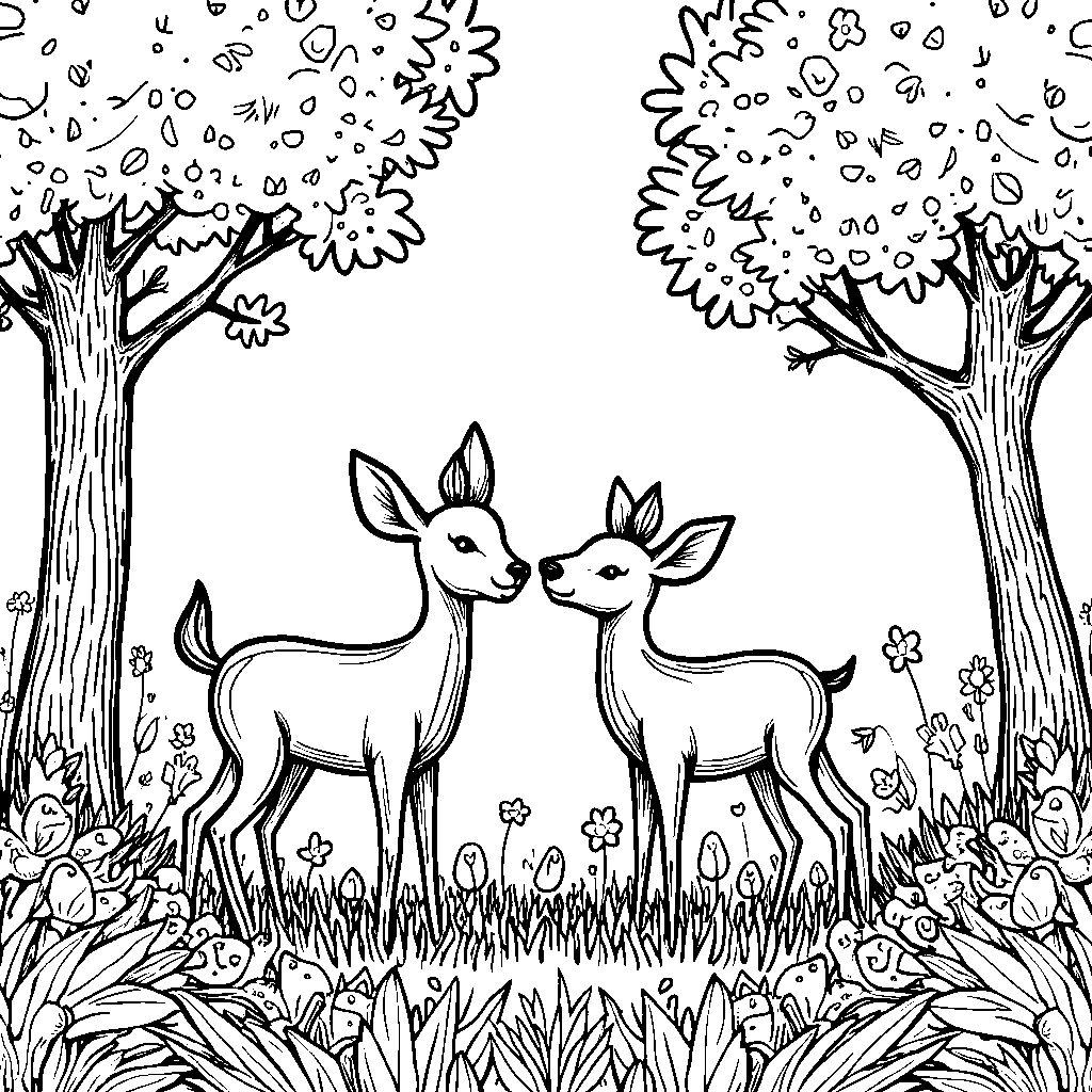 A family of deer playing in a forest