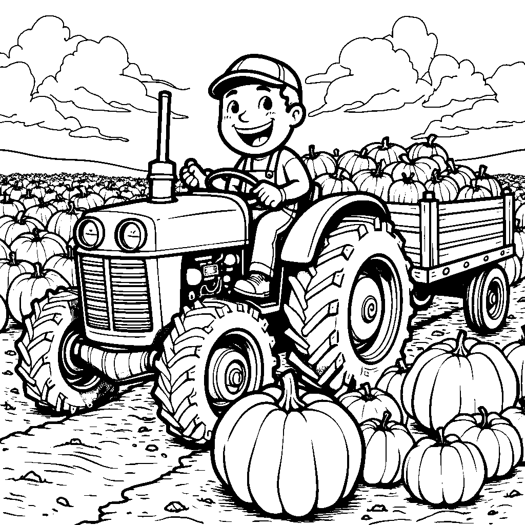 A farmer driving a tractor through a field of pumpkins