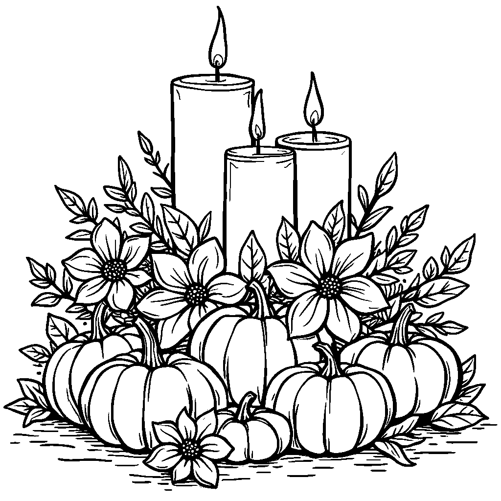 A festive centerpiece with candles, flowers, and pumpkins