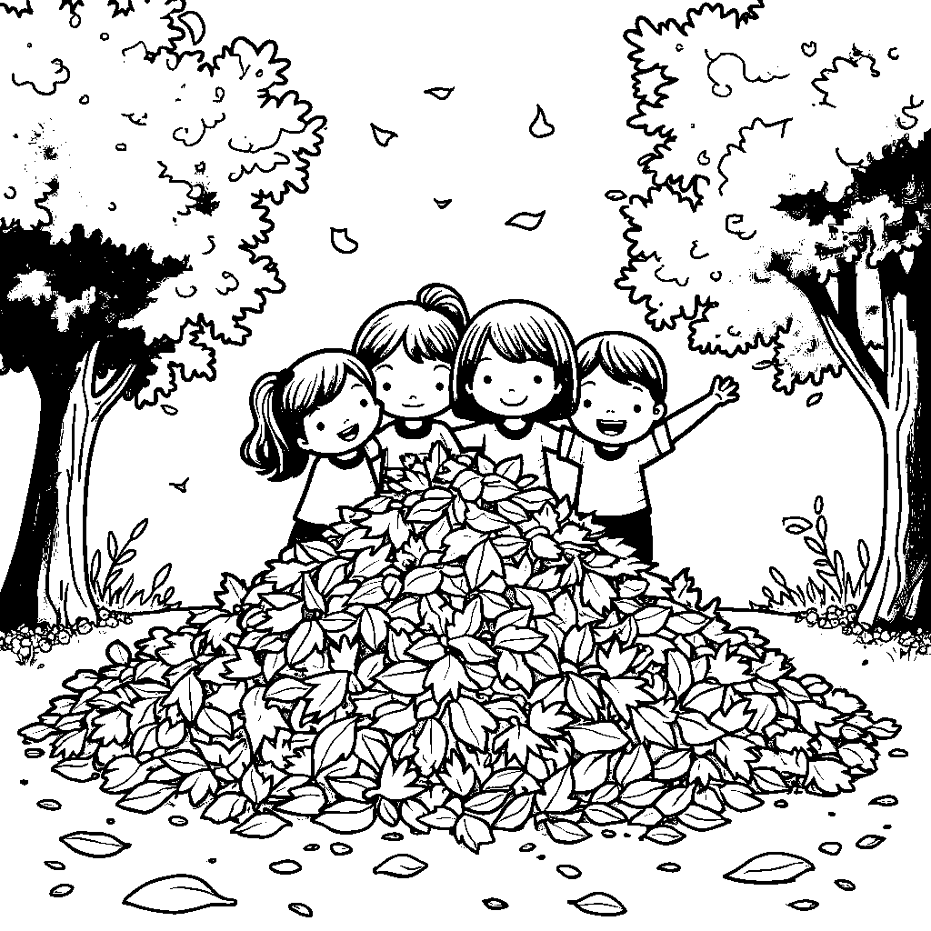 A group of friends playing in a pile of leaves