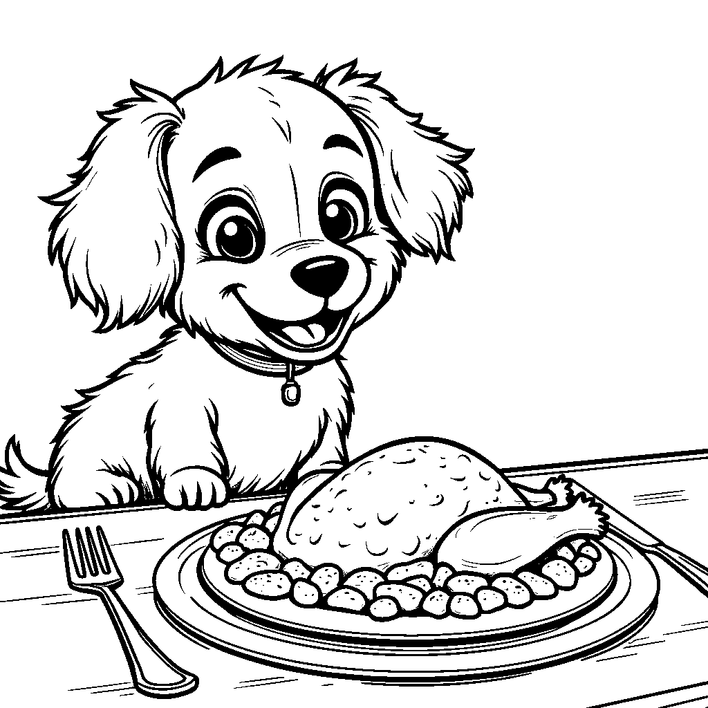 A happy dog sitting next to a Thanksgiving dinner plate