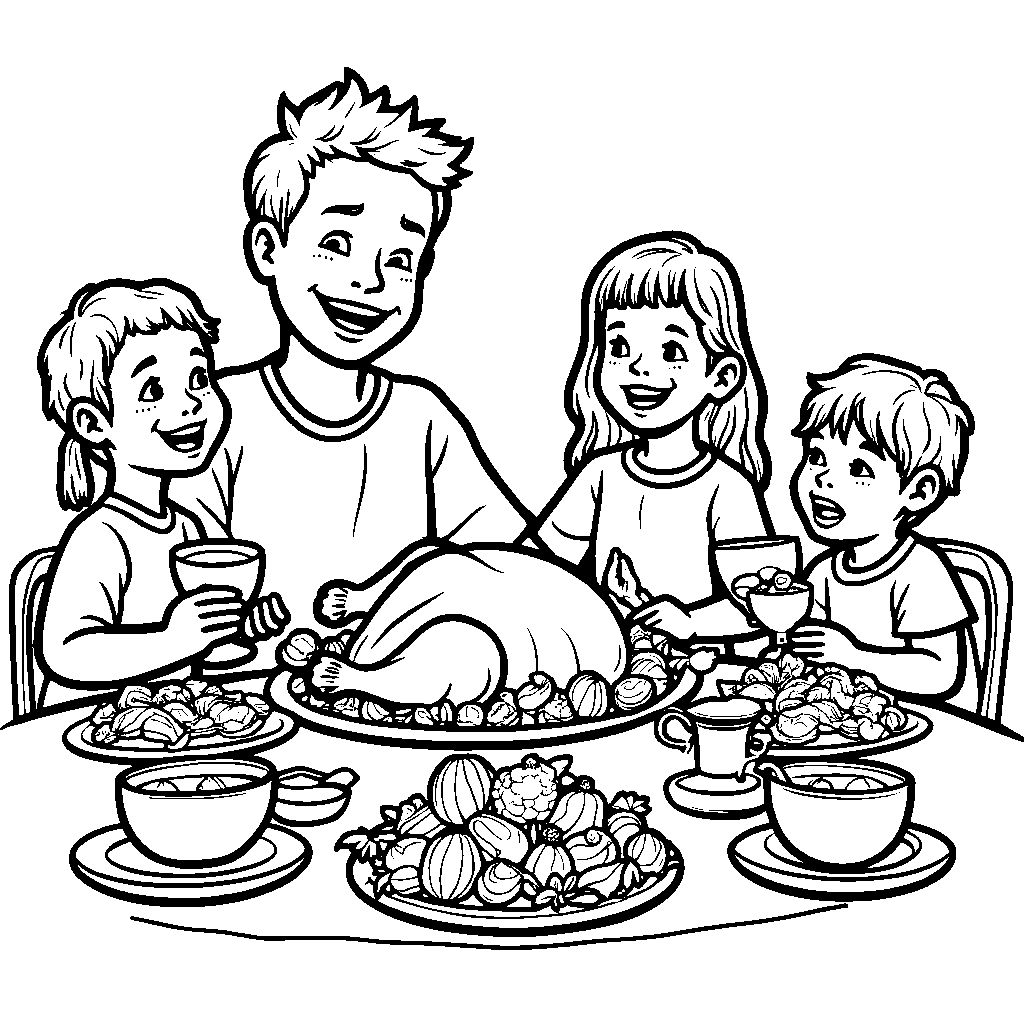 A happy family sitting down to a Thanksgiving feast