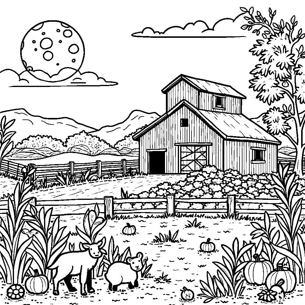 A harvest moon shining down on a farm