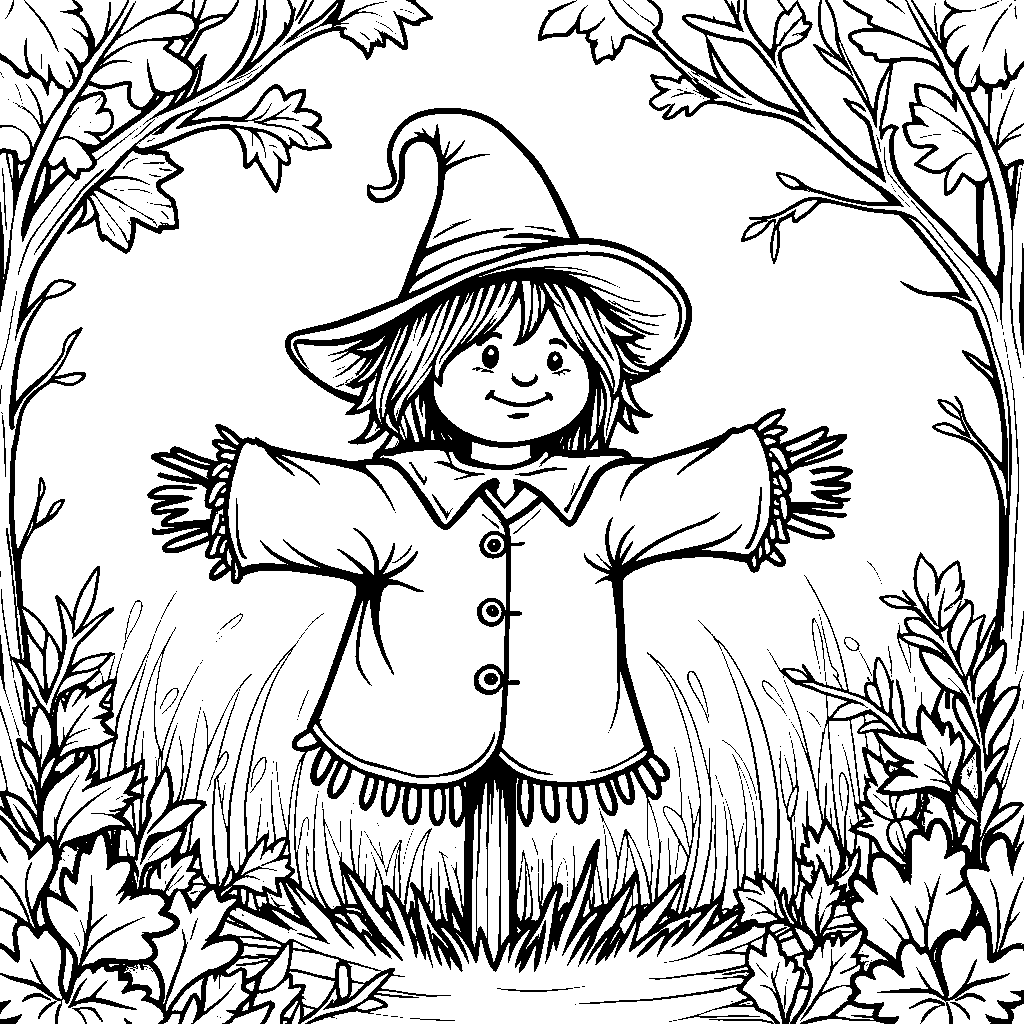 A scarecrow surrounded by autumn leaves