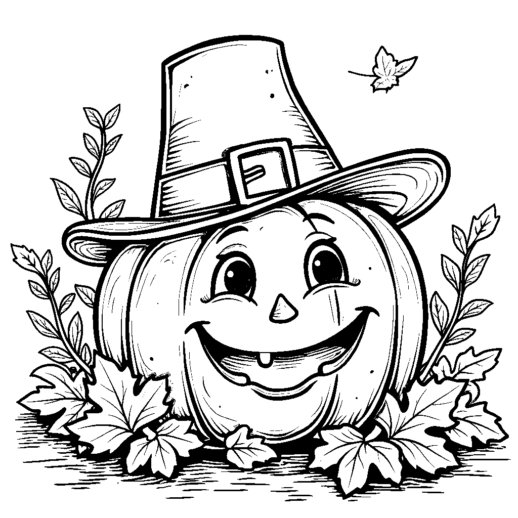 A smiling pumpkin with a pilgrim hat