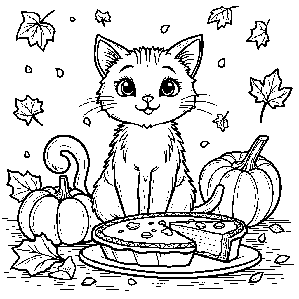 A happy cat sitting next to a pumpkin pie