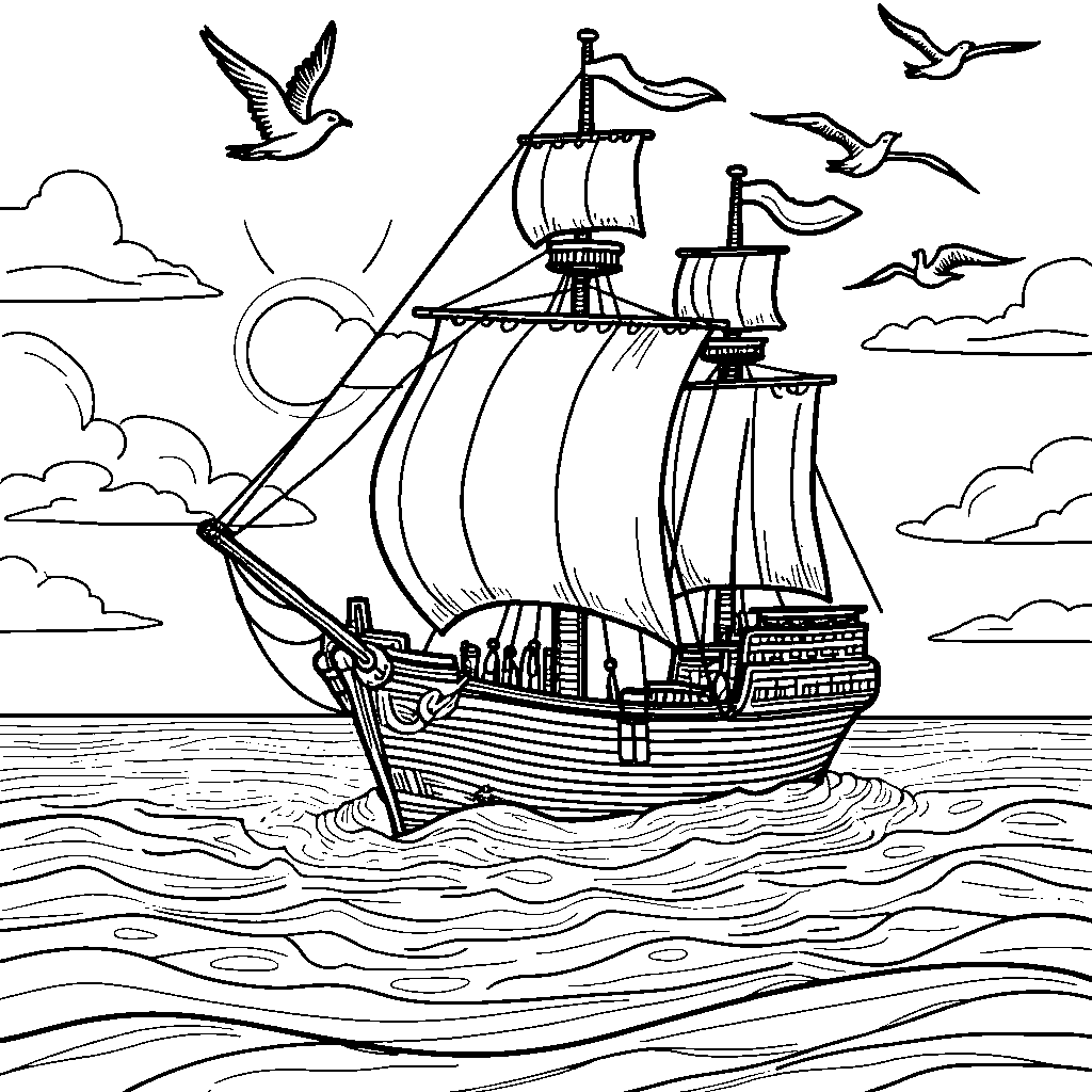 A Mayflower ship sailing across the ocean