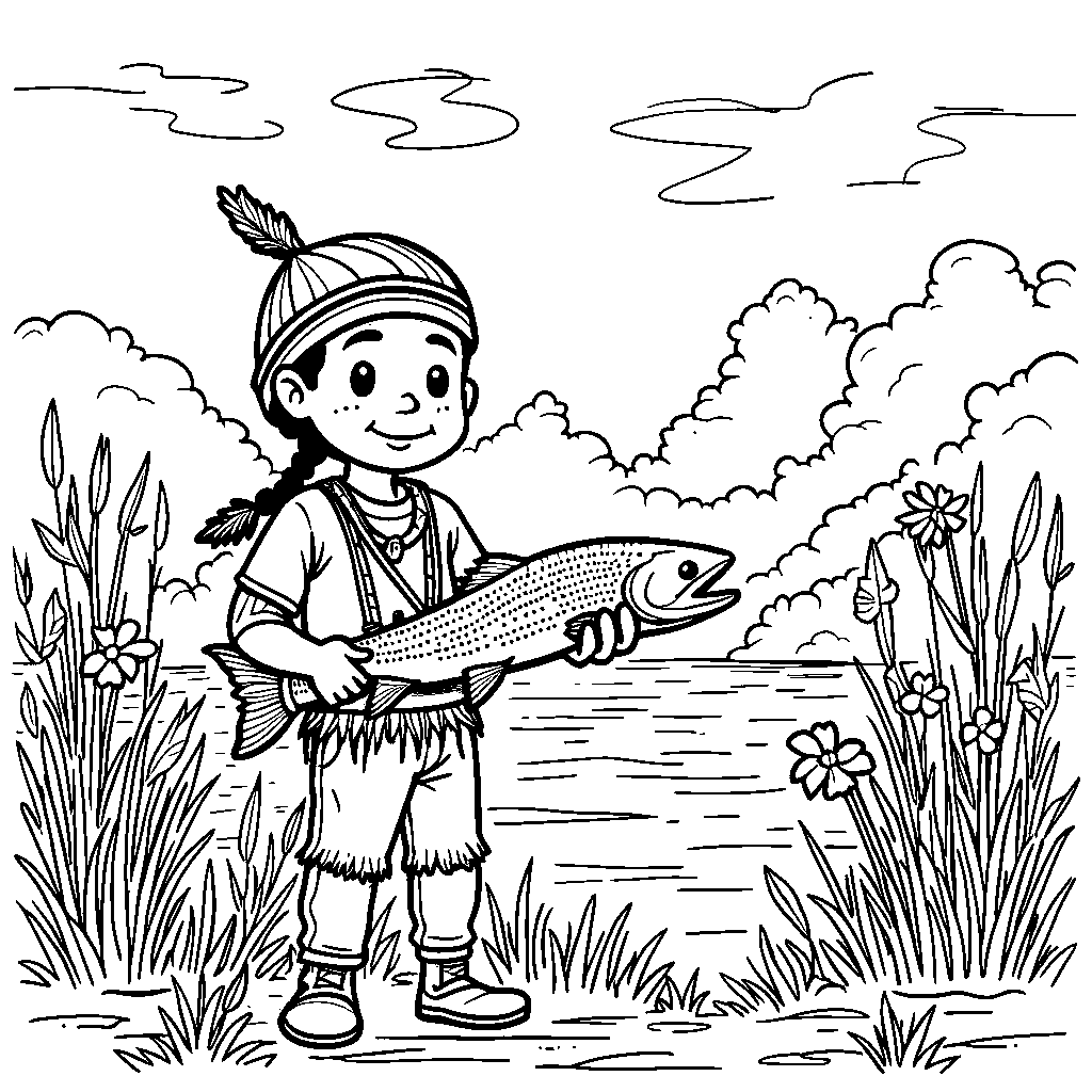 A Native American boy holding a fish and standing by a river