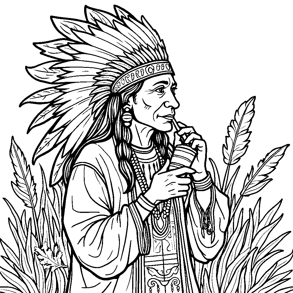 A Native American chief holding a peace pipe