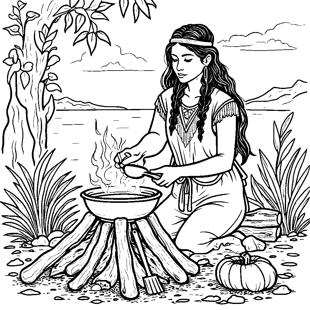 A Native American woman cooking over an open fire