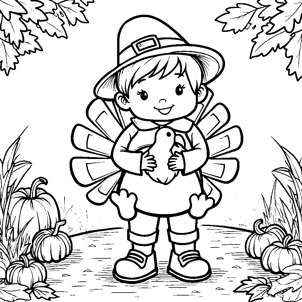 A pilgrim child holding a stuffed turkey