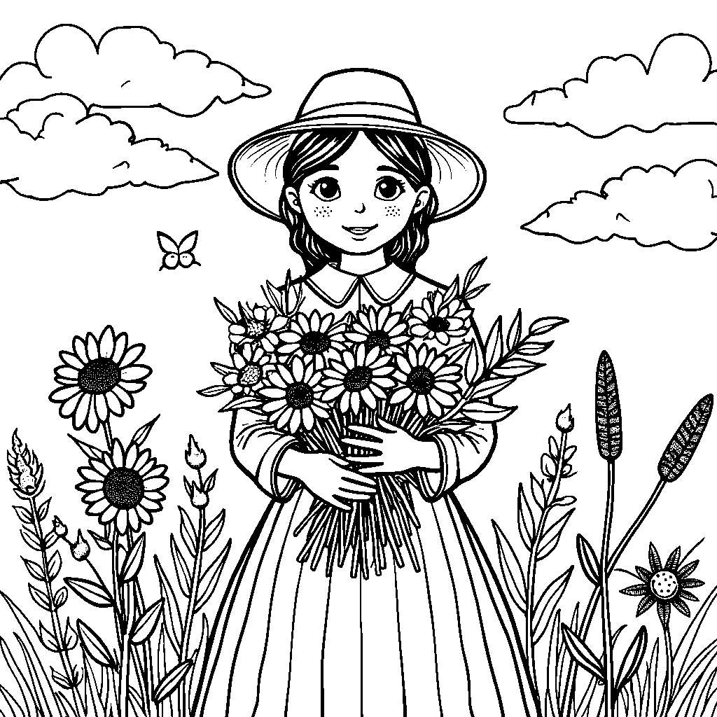 A pilgrim girl holding a bouquet of fall flowers