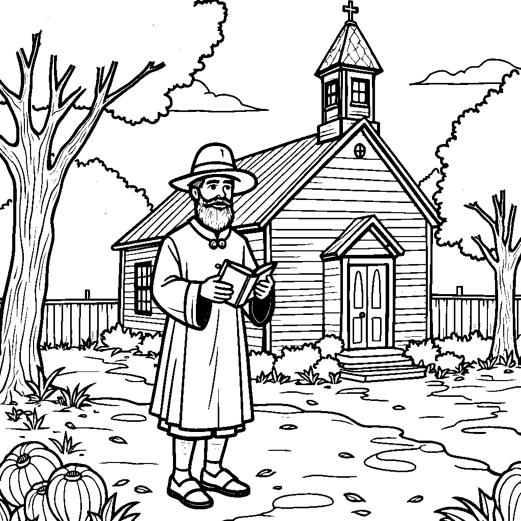 A pilgrim man holding a Bible and standing in front of a church