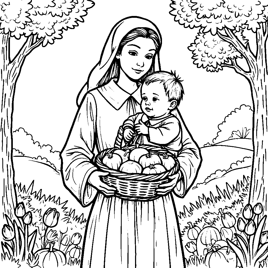 A pilgrim woman holding a baby and a basket of food