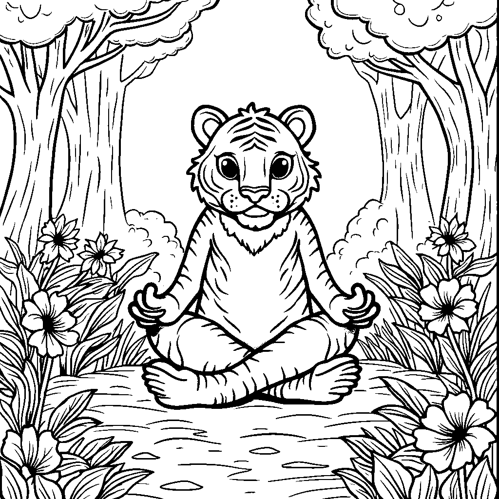 Tiger doing yoga poses in a peaceful forest