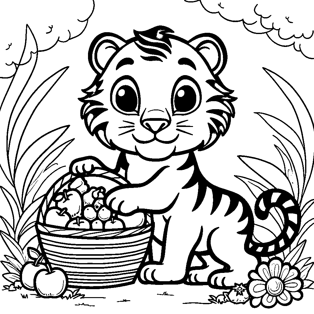 Tiger holding a basket of fruit and standing in a garden